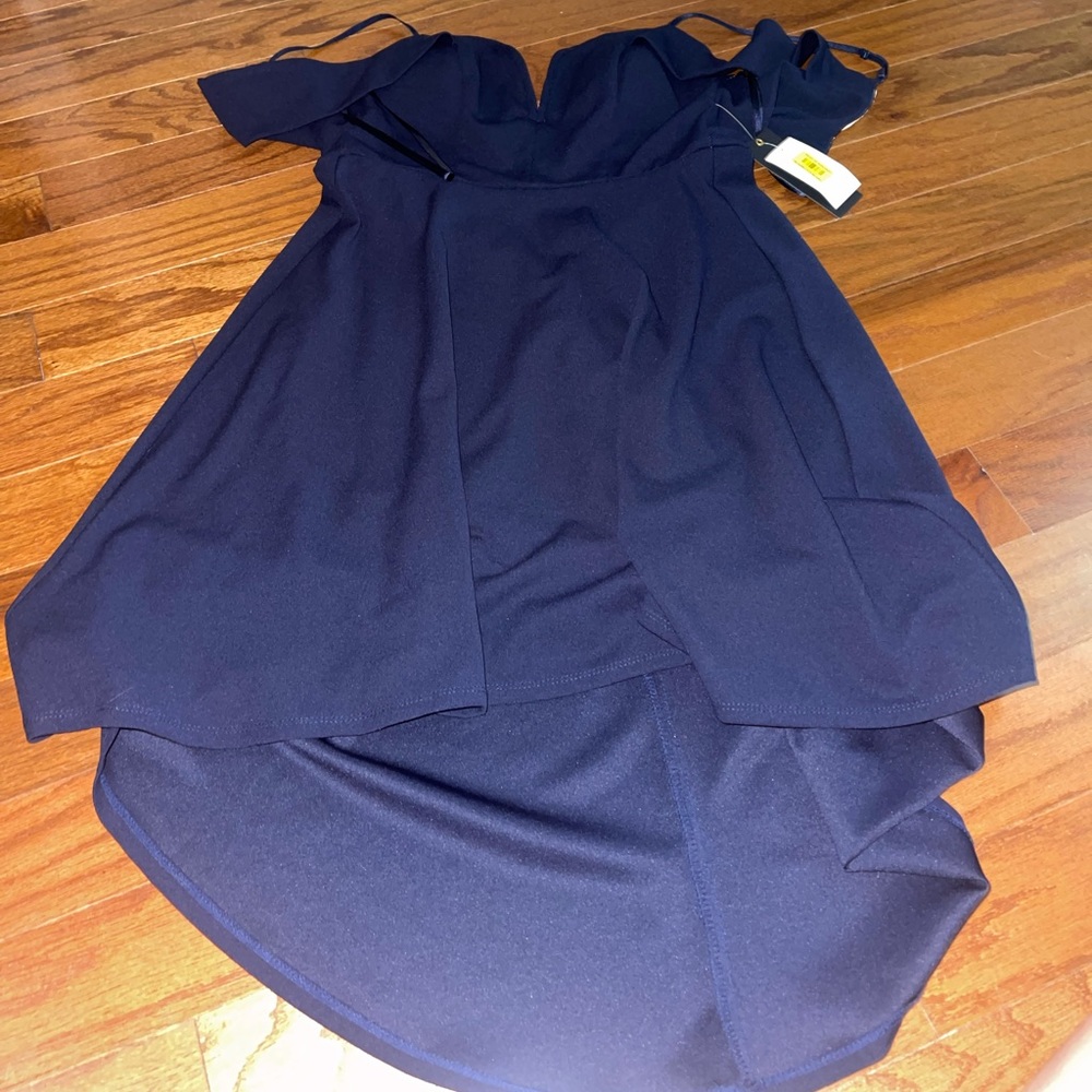 Navy Blue High-Low Off the Shoulder Formal Dress